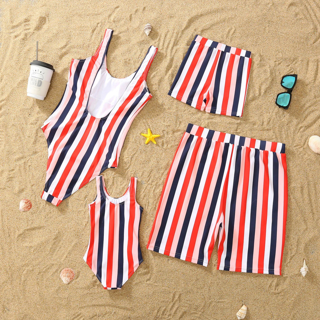 Striped Swimsuits Family Matching Outfits Mother Daughter Swimwear Mommy and Me Bikini Clothes Mohte Kids Swimming Dress