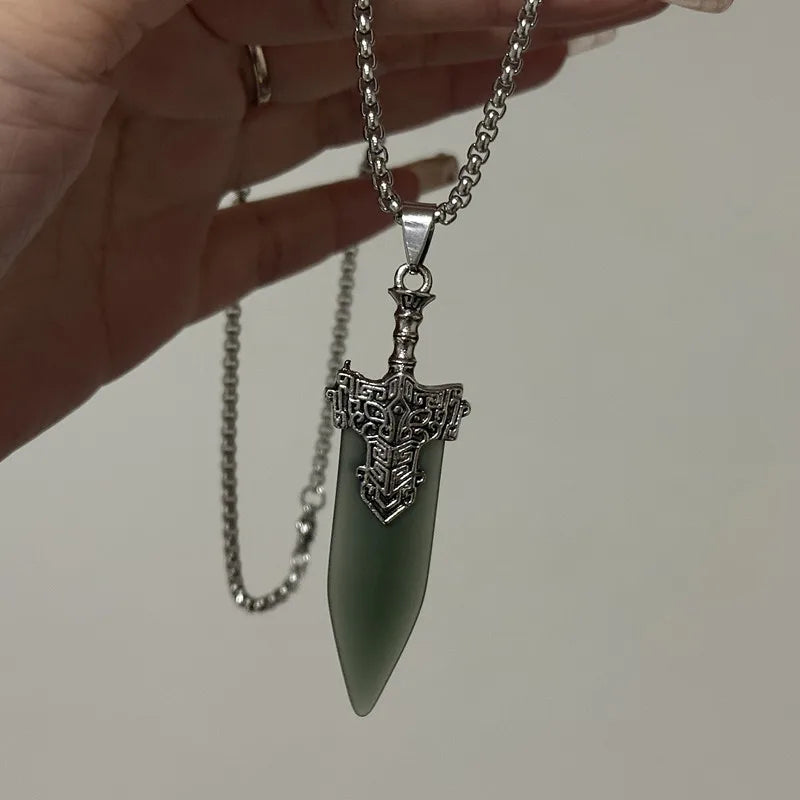 Game Jewelry Men Imitation Jade Sword Necklace Hip hop Necklace Green Vintage Stone Pendant For Man Fans Gifts