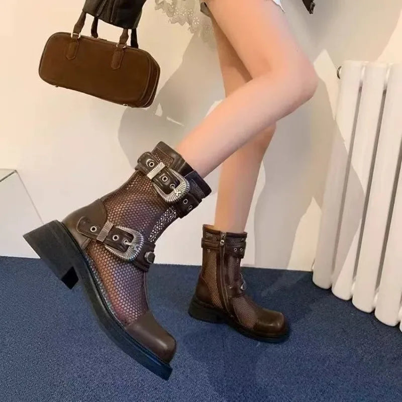 Women's Boots 2025 New Summer Cool Boots Breathable Hollow Out Mesh Boot Fashion Square Toe Side Zip Ankle Boots for Women Botas