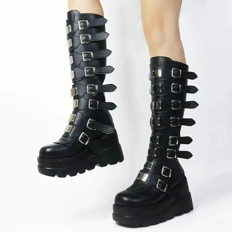 Women Boots Platform Long Boots Sexy Punk Black Motorcycles Boots Round Toe Knee High Boot Gothic Shoes Metal Buckle Women Shoes