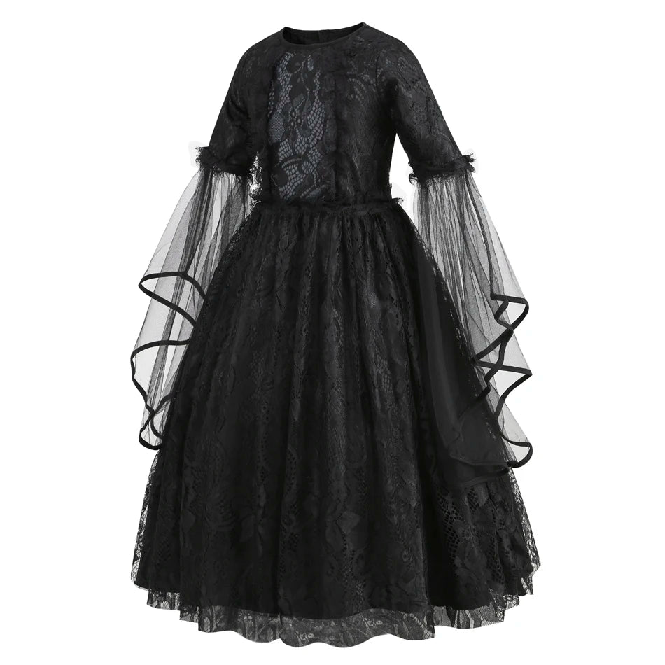 Kids Halloween Costumes Witch Dress Dark Theme Girls Party Dresses Children Lace Sleeves Evil Queen Luxury Carnival Gown