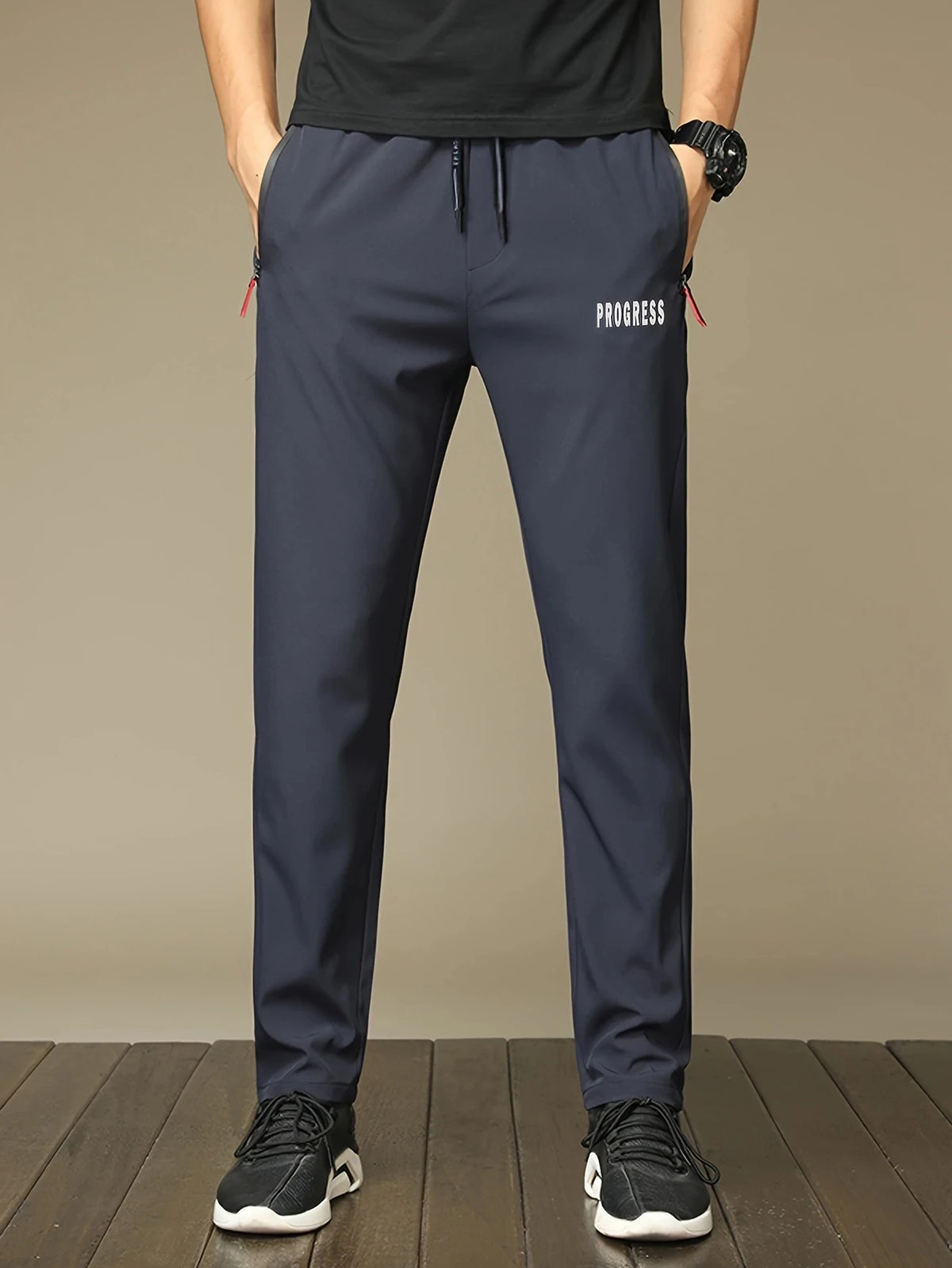PROGRESS Printed Men's Casual Straight Pants Stretch Elastic Waist Jogger Korean Classic Blue Black Gray Male Brand Trousers