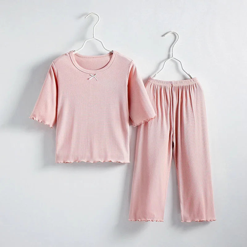 Kids Girls Ice Silk Loungewear Set Sweet Ruffle Sleepwear Soft Breathable Summer Casual Home Pajamas 2 Piece Outfit