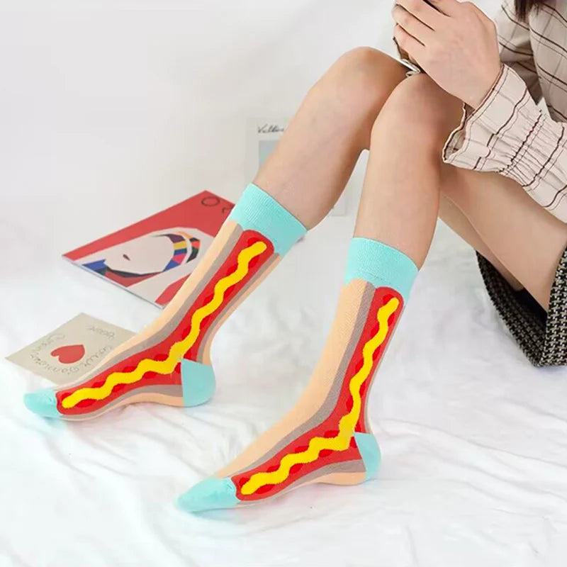 Funny Socks Men Women Casual Cartoon Beer Hamburger Egg Sausage Ice Cream Avocado Heart Sokken Unisex Novelty Skateboard Meias