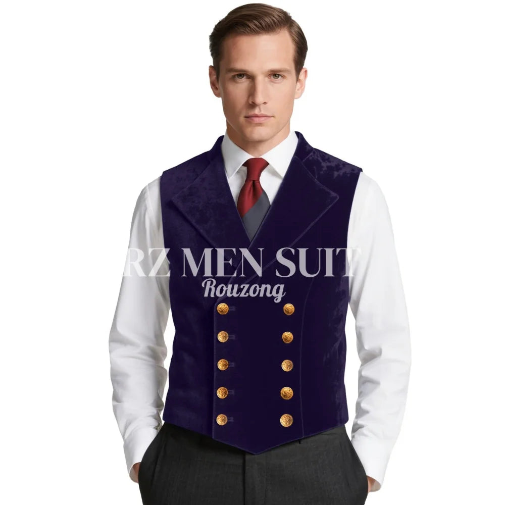 Mens Velvet Suit Vest Retro Lapel Double Breasted Tuxedo Vests Victorian Formal Waistcoat chaleco hombre
