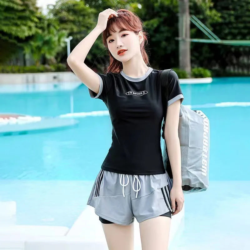 Women's Sports Two-piece Swimsuit Set with Short Sleeves and Drawstring Shorts Suitable for Beach Swimming Pool Training