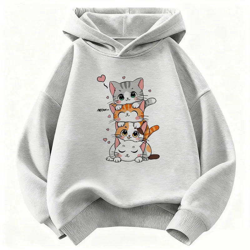 Cute Cat Graphic Kids Hoodie Long Sleeve Sweatshirt Cartoon Animal Boys Girls Clothes Kawaii Kitten Tops Y2K Children Hoody