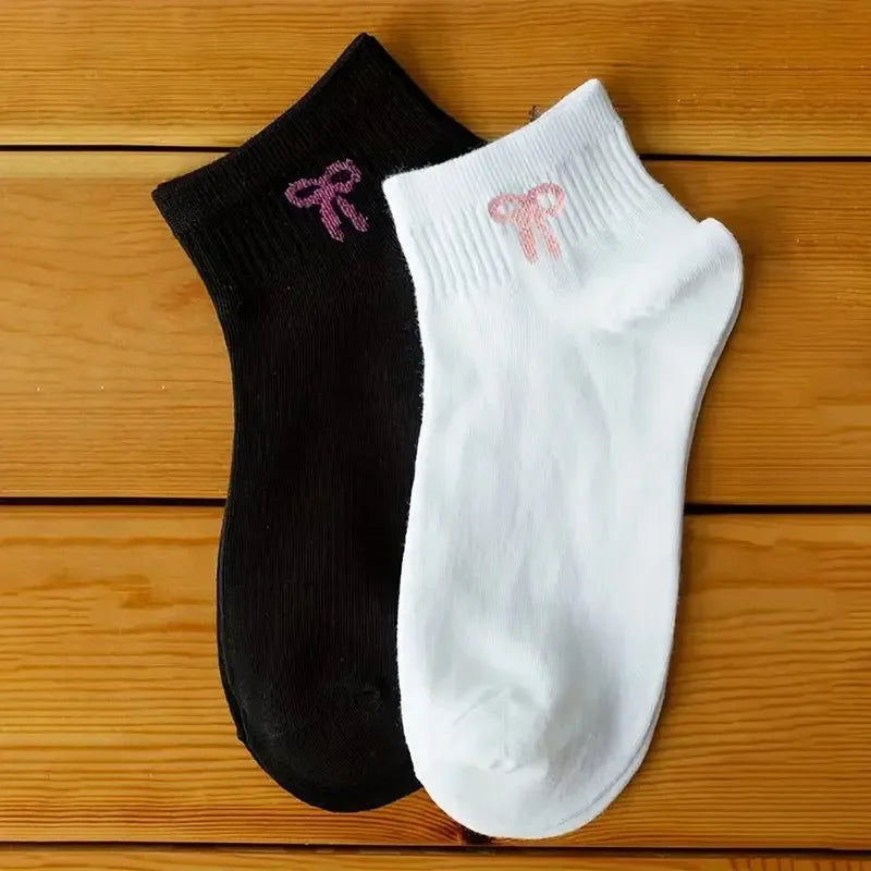 Women's Cute Bow Printed Black White Socks Spring Autumn Sweat Absorbing Breathable Soft Comfortable Casual Socks 5/10 Pairs
