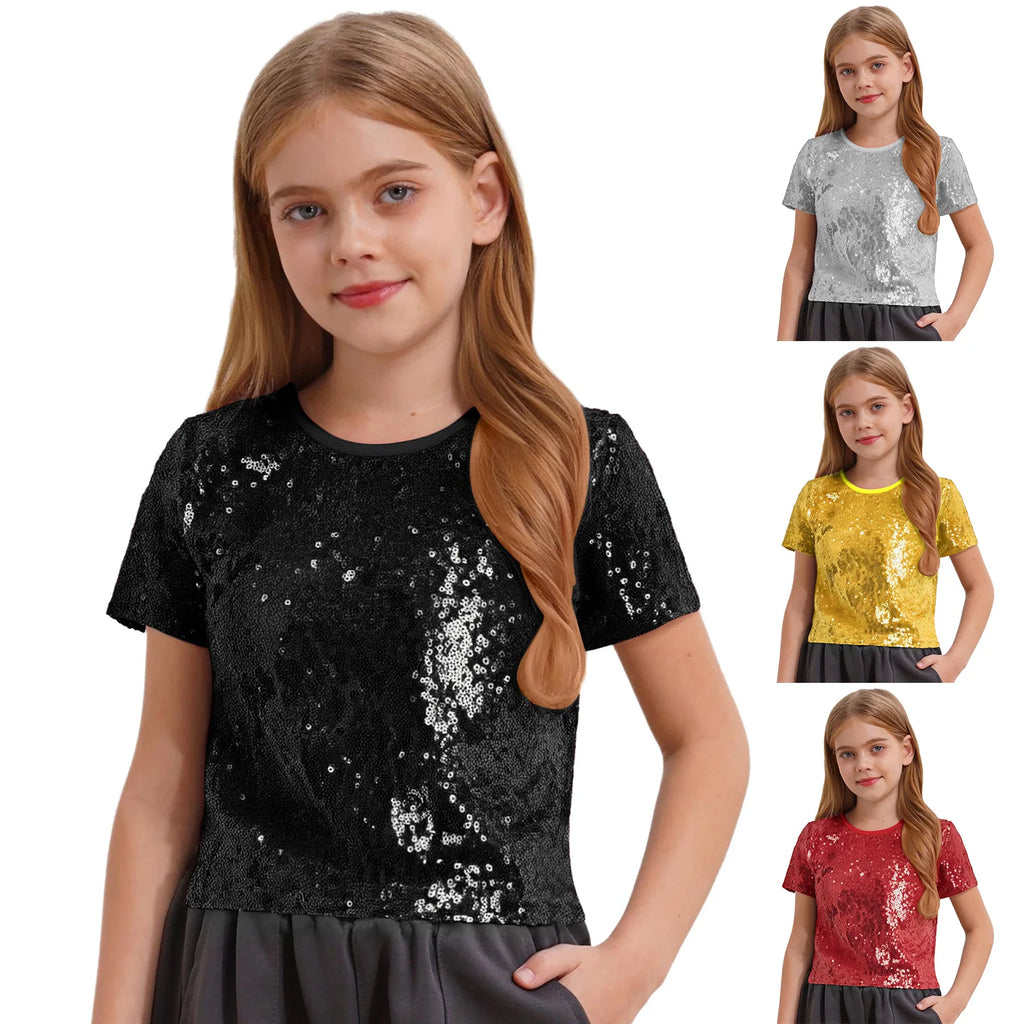 Children T-shirts Short Sleeve T-shirt Sparkling Sequins Tops Streetwear Girls Boy Jazz Dance Costume Kids Performance Clothes