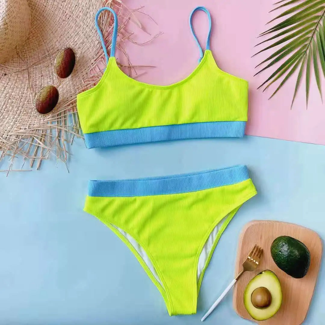 Women High Waisted Bikini Set Color Block Swimsuit 2 Piece High Cut Bathing Suit Cheeky Neon Yellow Swimwear Beach Bathing Suit