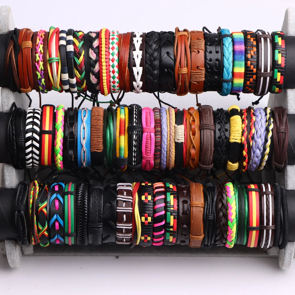 10/20/30/50/100Pcs/Lot Fashion Hand Woven Adjustable Leather Bracelets For Men Retro Style Jewelry Accessories Gifts Wholesale