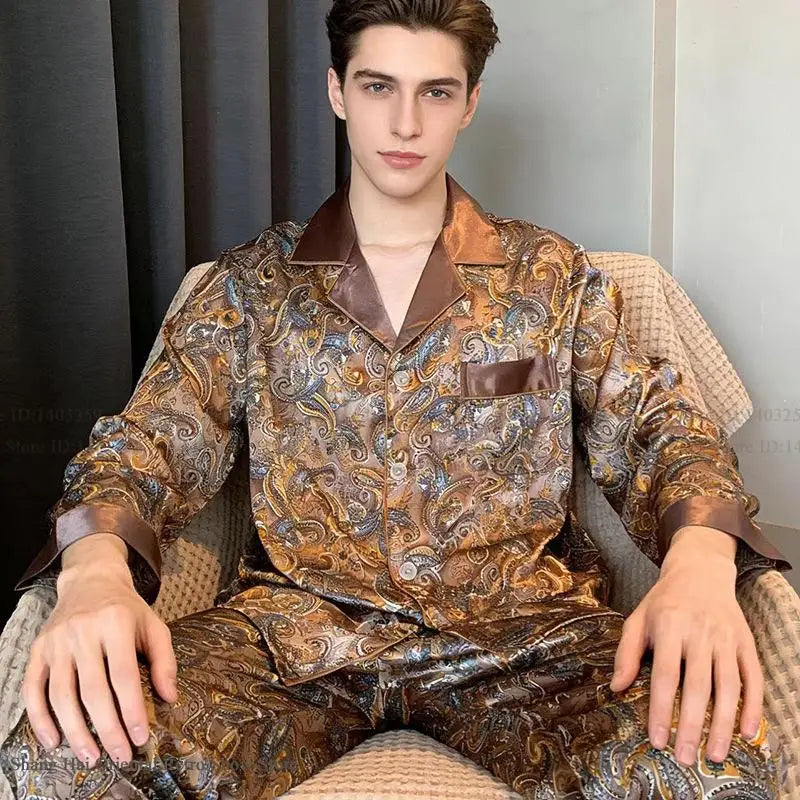 Plus Size Men's Pajamas 2PCS Sleepwear Set Fashion Print Silk Satin Trouser Pijamas Suit Spring New Male Home Clothes Loungewear