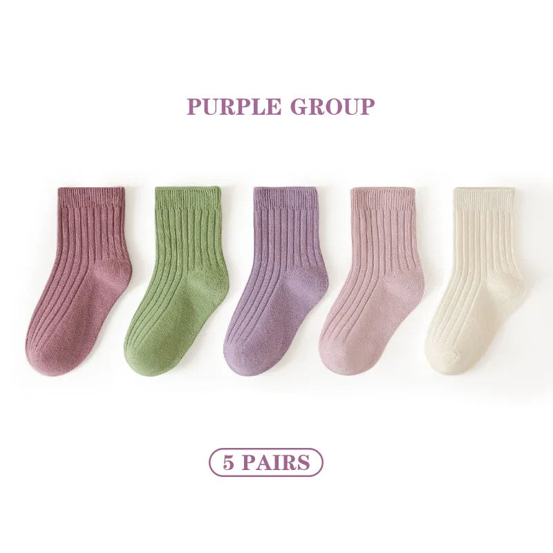 5 Pairs/Lot Children'S Socks Set Solid Color Double Needle Cotton Kids Mid-Tube Socks Candy Color Boys And Girls Student Socks