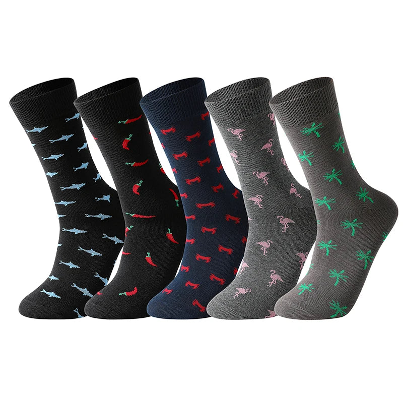 5 Pairs Men's Socks Cotton Business New Fashion Funny Sock With Print Animals Cartoon Middle Sock Male Casual Dresses Clothing