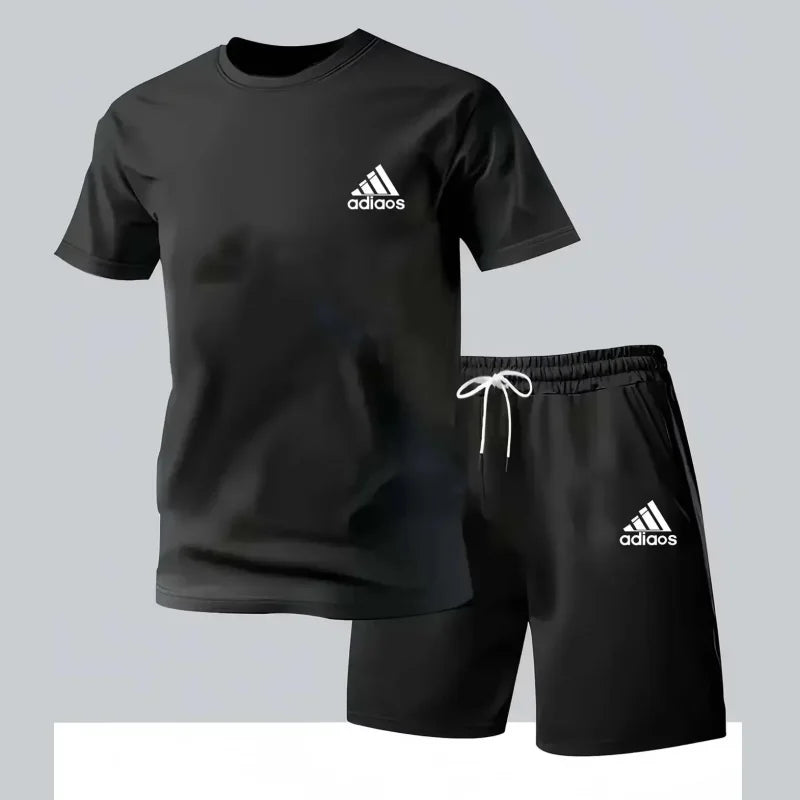 New summer fitness sportswear for men, short-sleeved T-shirt and shorts two-piece set, breathable and quick-drying casual wear.