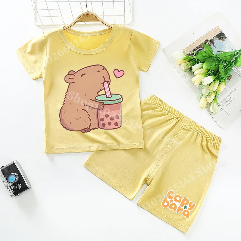 Capybara Kids Pajamas Shorts Set Summer New Capibara Home Clothes Boys Girls Anime Nightwear Pants Children Short Sleeve Gift