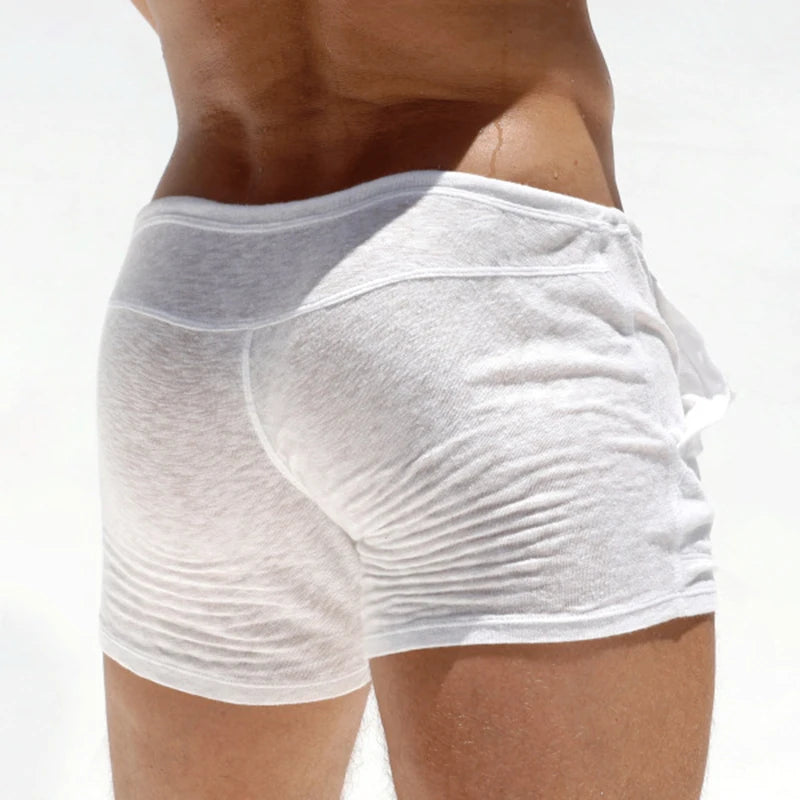 Soft Breathable Pajamas Mens Shorts Summer Sexy Stretch Slim Shorts For Men Casual Pure Color Drawstring Tie-up Shorts Nightwear