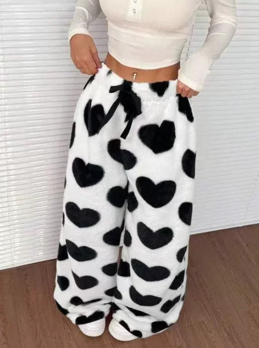 Women Casual Trousers Elastic Waistband Drawstring Tie Pajama Bottoms Leopard Print Wide Leg Lounge Pants