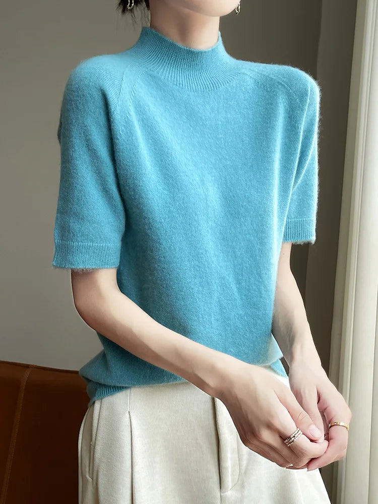 Short Sleeve Women Sweater Basics 30% Merino Wool Female Knitted Pullover Summer Clothing Tops Solid Casual Mock Neck T Shirts