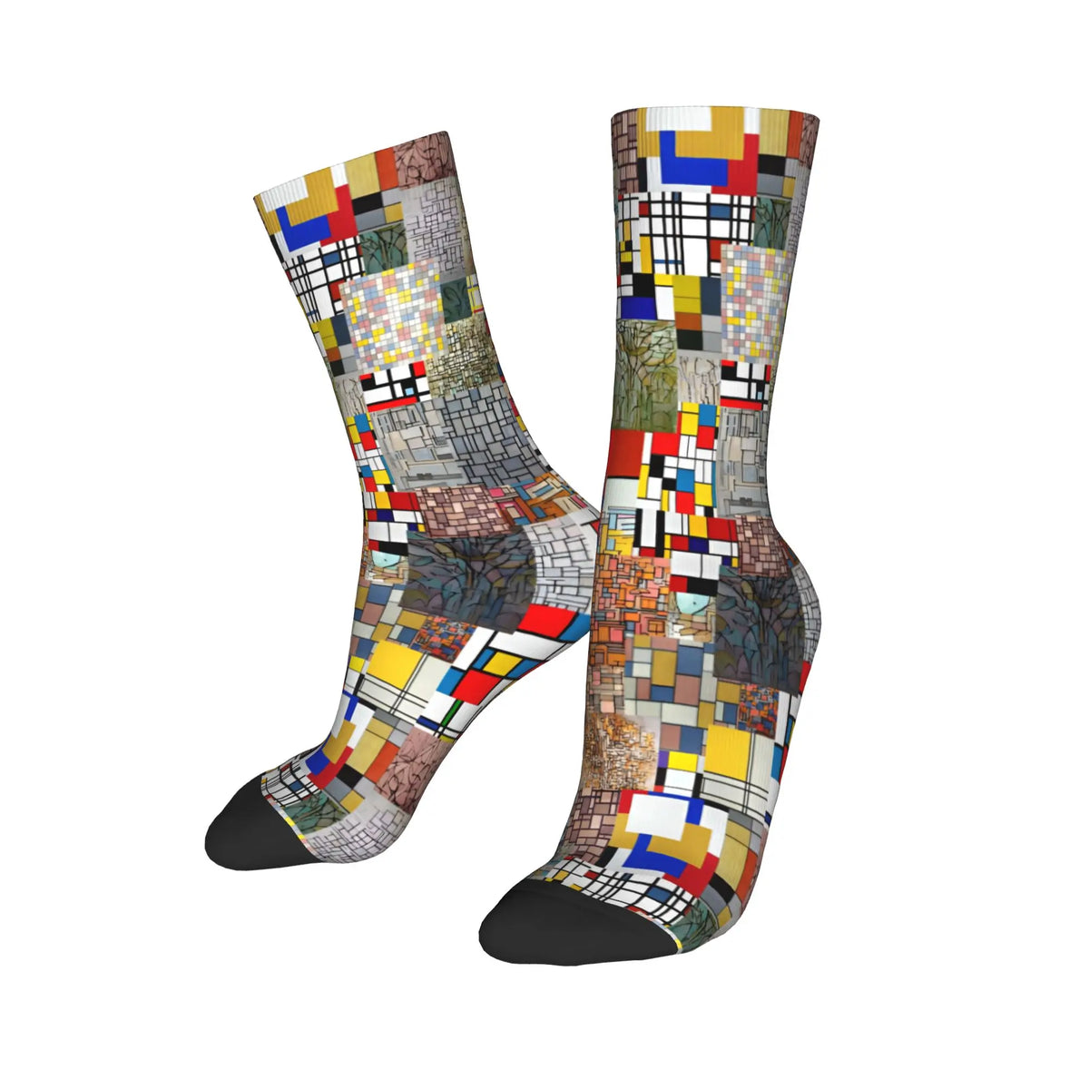 Custom Color Art Retro Mondrian Men Women Crew Socks Unisex Fashion 3D Printed Abstract Art Plaid Dress Socks