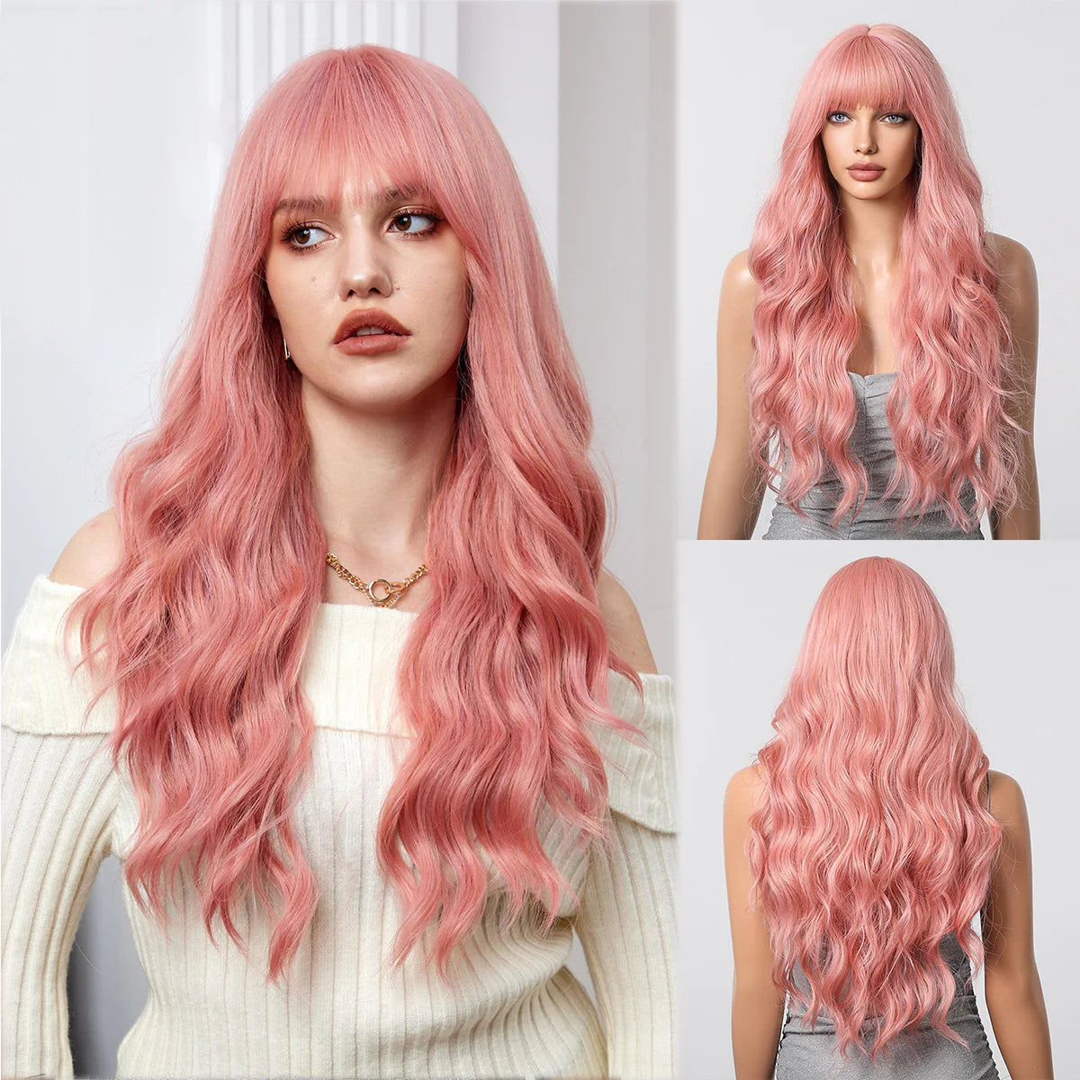 Wine Red Synthetic Wigs for Women Long Wavy Burgundy Red Hair Cosplay Wigs With Bangs Daily Halloween Heat Resistant Fake Hair