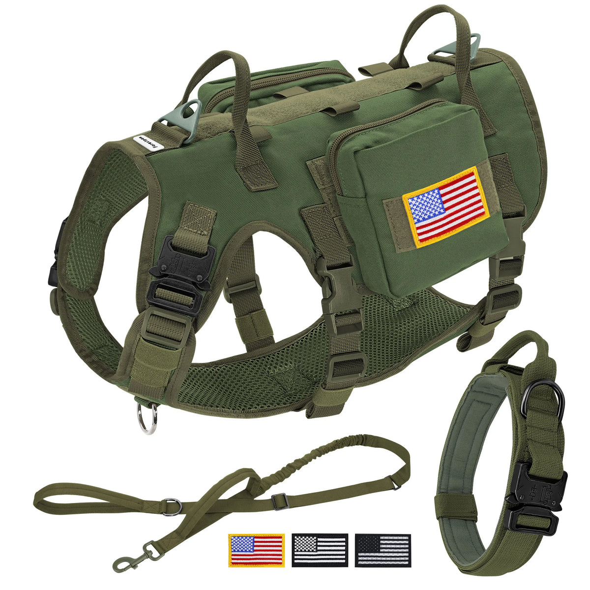 Military Tactical Dog Harness Collar Leash Set with Pouches Flags Durable Pet Harnesses Vest Collars Leashes for Dogs Training