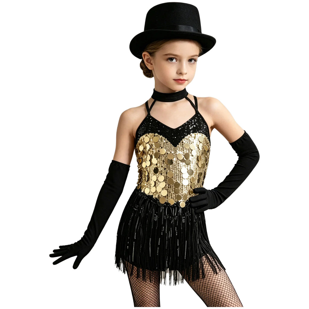 Kids Girls Latin Dance Dress Halter Sleeveless Shiny Sequins Fringed Leotard with Gloves Tango Samba Salsa Ballroom Dancewear