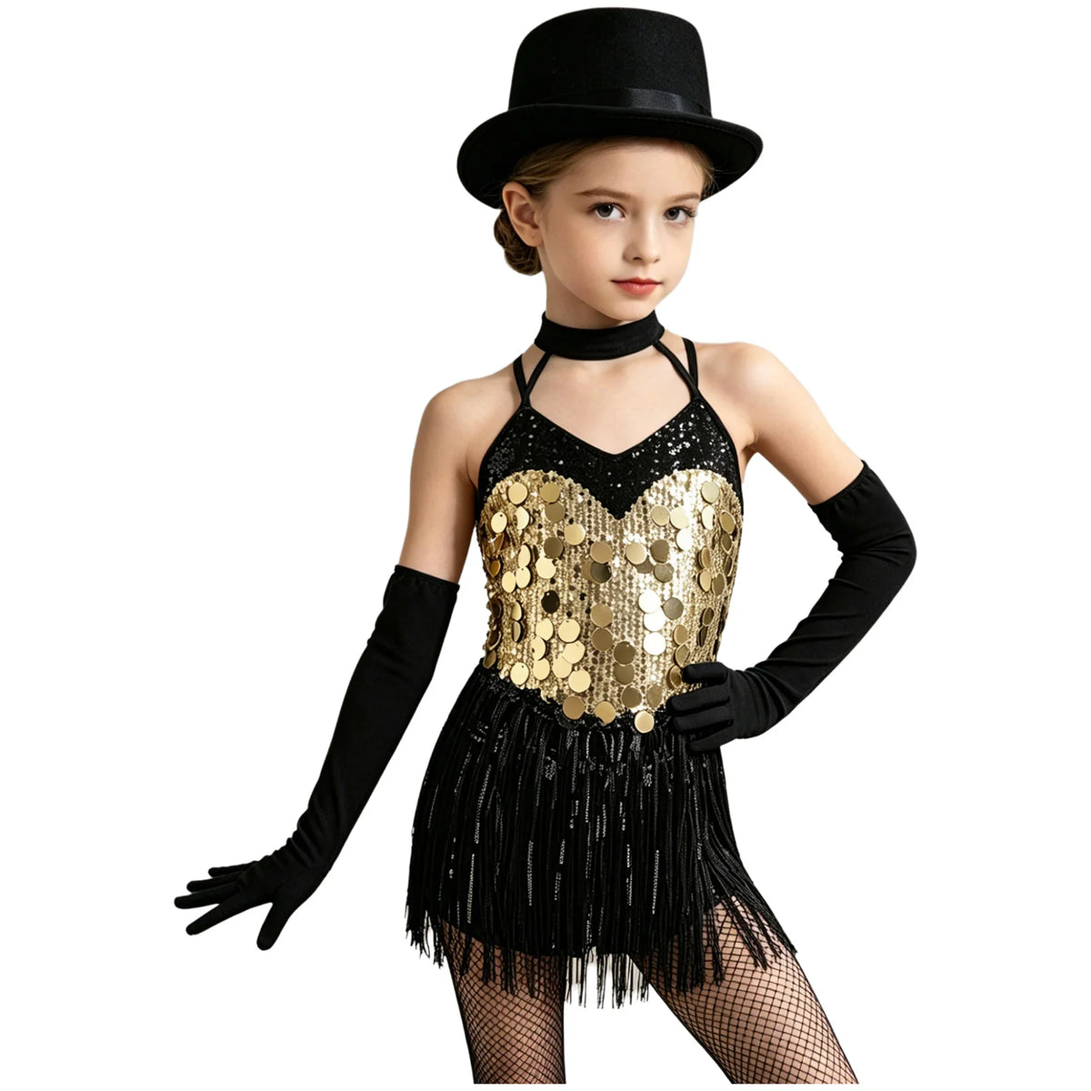 Kids Girls Latin Dance Dress Halter Sleeveless Shiny Sequins Fringed Leotard with Gloves Tango Samba Salsa Ballroom Dancewear