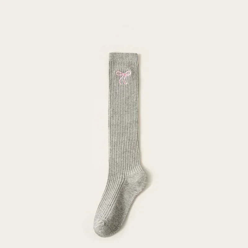 Baby Children Korean Knee High Long Socks for Girls Sweet White Bow Jacauard Cotton Legging Stocking School Sock for Kids Tights