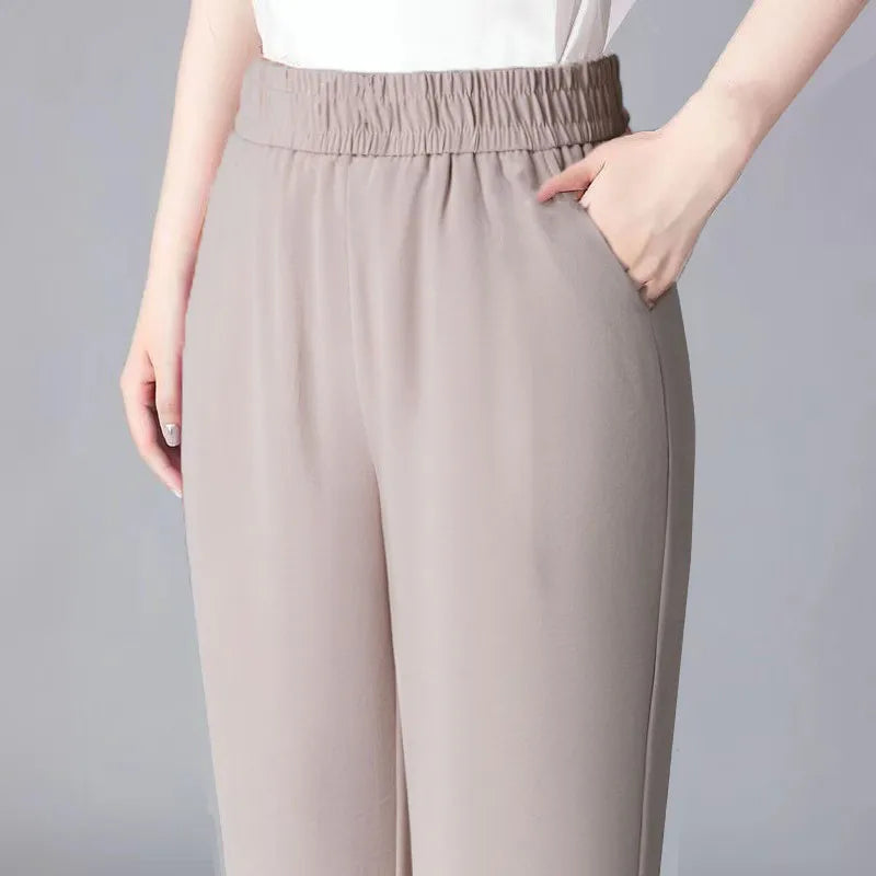 Ladies High Waist Ice Silk Hemp Thin Straight Leg Casual Pants Harlan Sle Nine Point Summer Trousers Pure Color Casual Wear