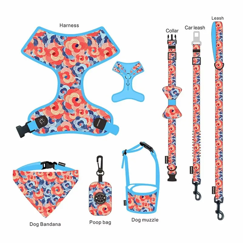 Dog Harness Collar Leash 7Pcs Set-Eco-Friendly Polyester Floral Design with Anti-Bite Muzzle Durable Pet Walking Kit for Dogs