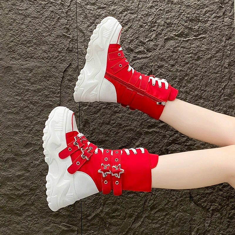Women's Platform Boots New Round Head Belt Buckle Locomotive Boots European and American Thick-soled Boots for Women Botas Mujer