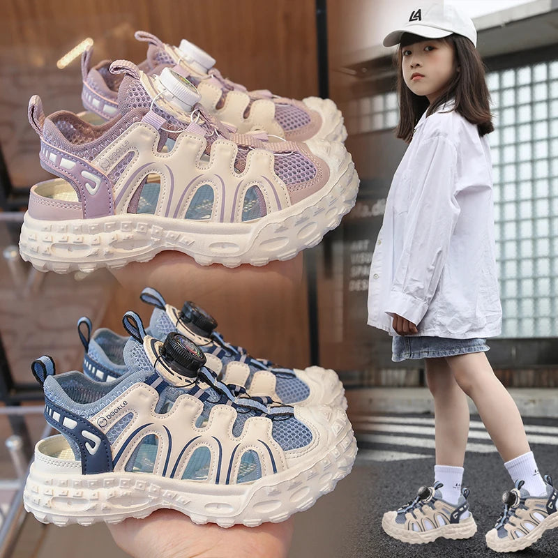 Children's Sports Sandals 3-18 Years Old Blue Hollow Breathable Boys Girls Casual Shoes Light Purple Soft Non-slip Kids Sneakers