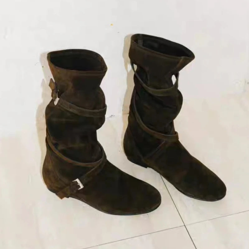 Women Flats High Boots Suede New Casual Sport Shoes Mid Calf Pleated Chelsea Fashion Boots Trend Woman Sneakers Walking Botas