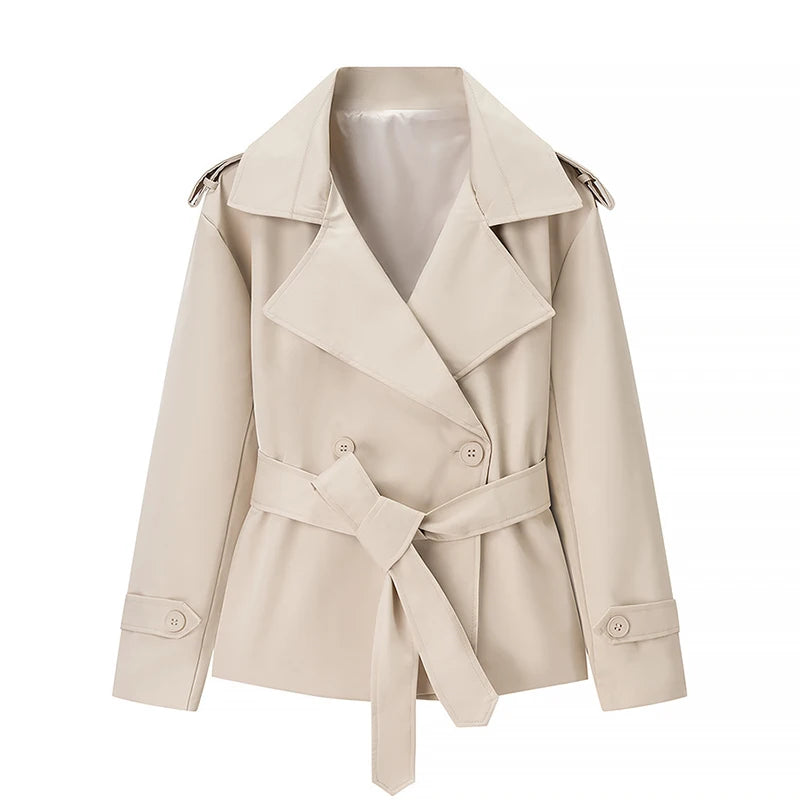 Elegant Lapel Lace Up Women's Windbreaker Solid Loose Full Sleeve Belt Double Breasted Coats Female 2026 Spring Female Jackets