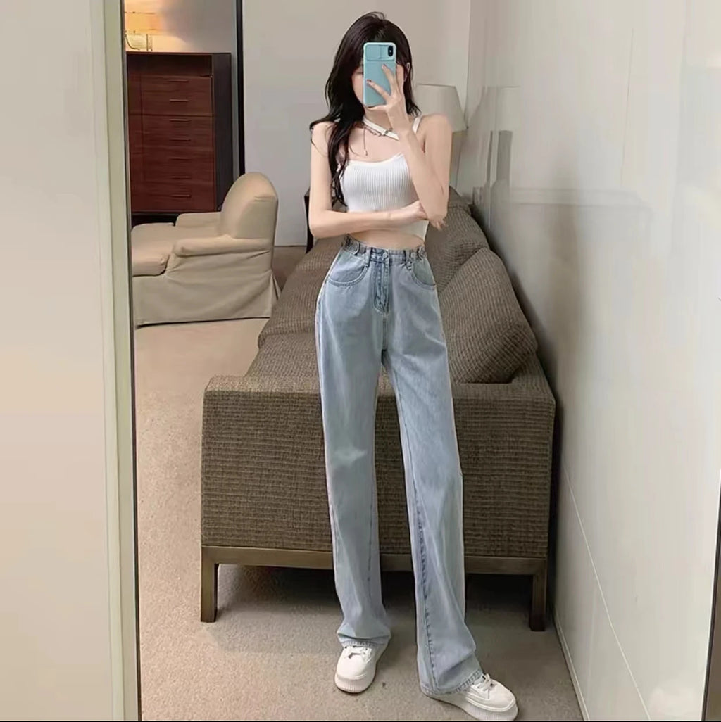Trendy Ripped Straight Leg Jeans Women's Spring Summer High Waist Loose Wide Leg Pants Slimming Design Casual Denim Jeans