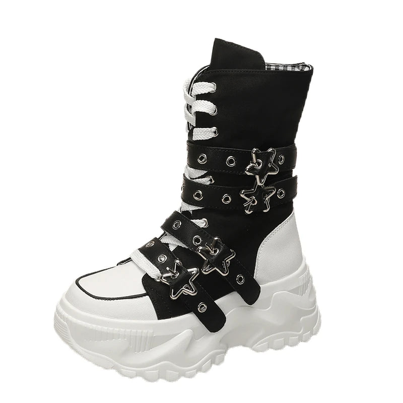 Women's Platform Boots New Round Head Belt Buckle Locomotive Boots European and American Thick-soled Boots for Women Botas Mujer