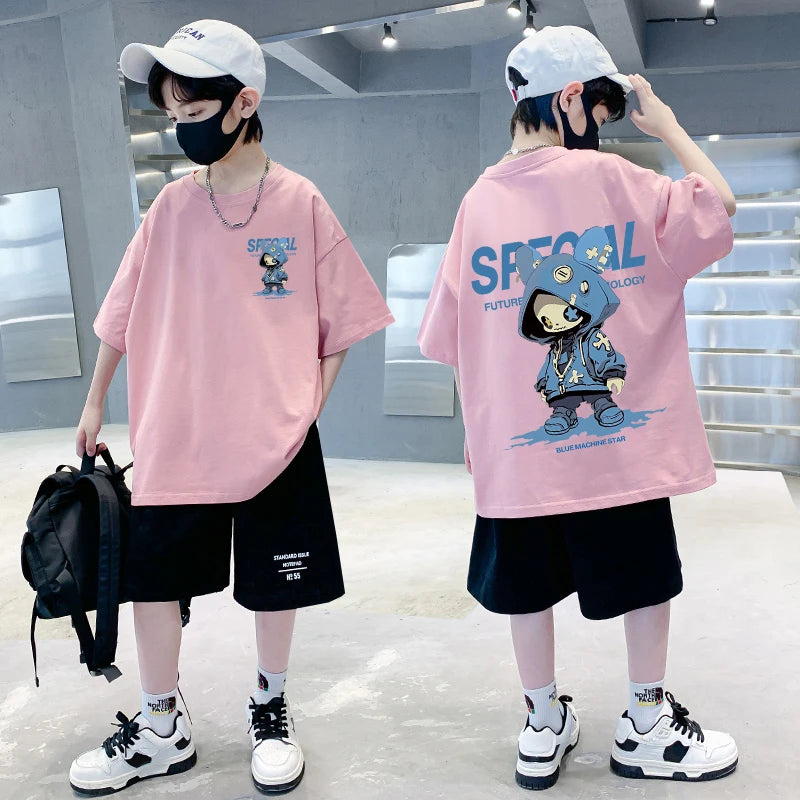 Korean Children's Clothes 2025 Boys Hip Hop Cartoon Graphic T Shirts Girls Short Sleeve Cotton Children Top Baby Summer Clothes