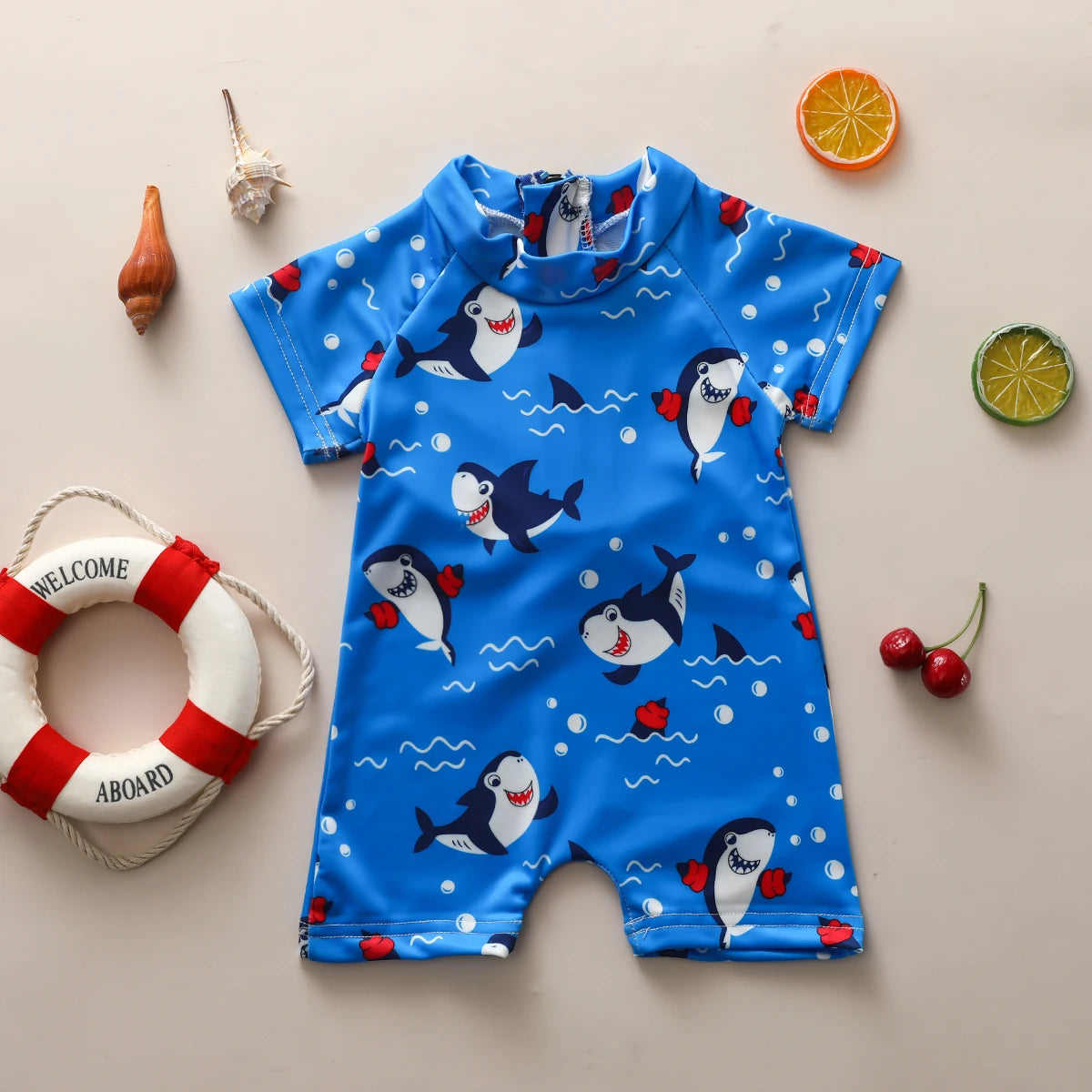 Kids Boys Summer Swimsuit Rash Guard Cartoon Animal Patterns Short Sleeve Zipper Swimwear Bathing Beachwear