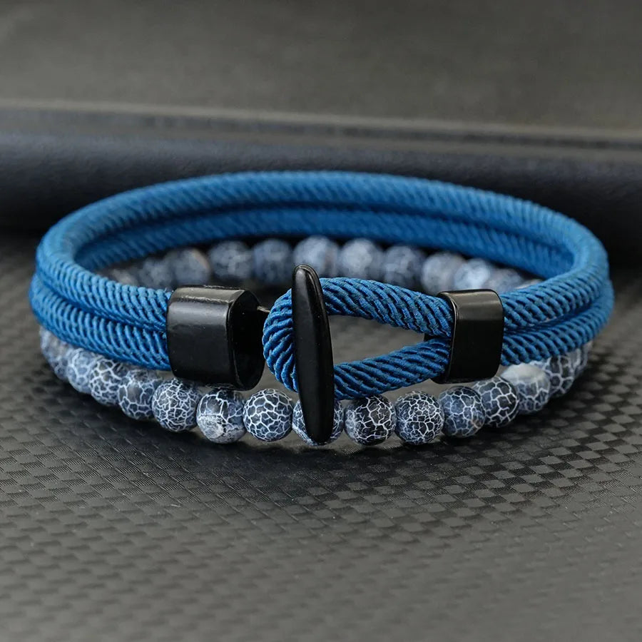 Classic 2Pcs Rope and Beaded Bracelet for Men Handmade Easy Hook Rope Natural Malachite Casual Nautical Jewelry Set Pulseria