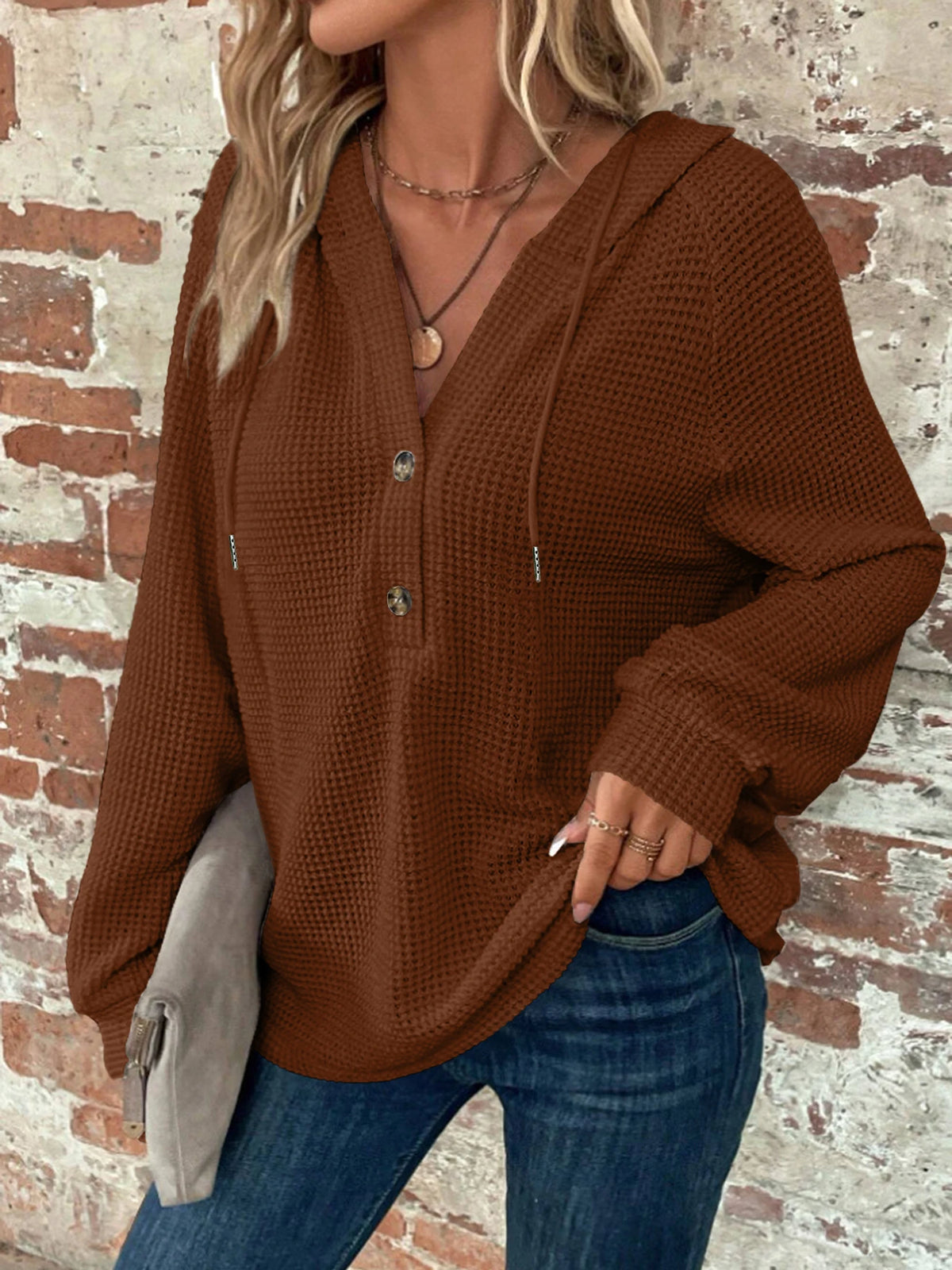Women's Solid Color Hooded Button Loose Long Sleeved Hoodie Autumn/Winter 2023 Fashion Comfortable Casual Sweatshirt