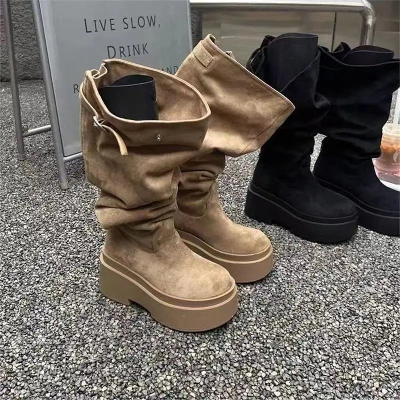 Women's Fashion Thick Heels Knee High Boots Khaki Flock Slip on Western Boots Woman Spring Autumn Soft Leather Short Botas Mujer