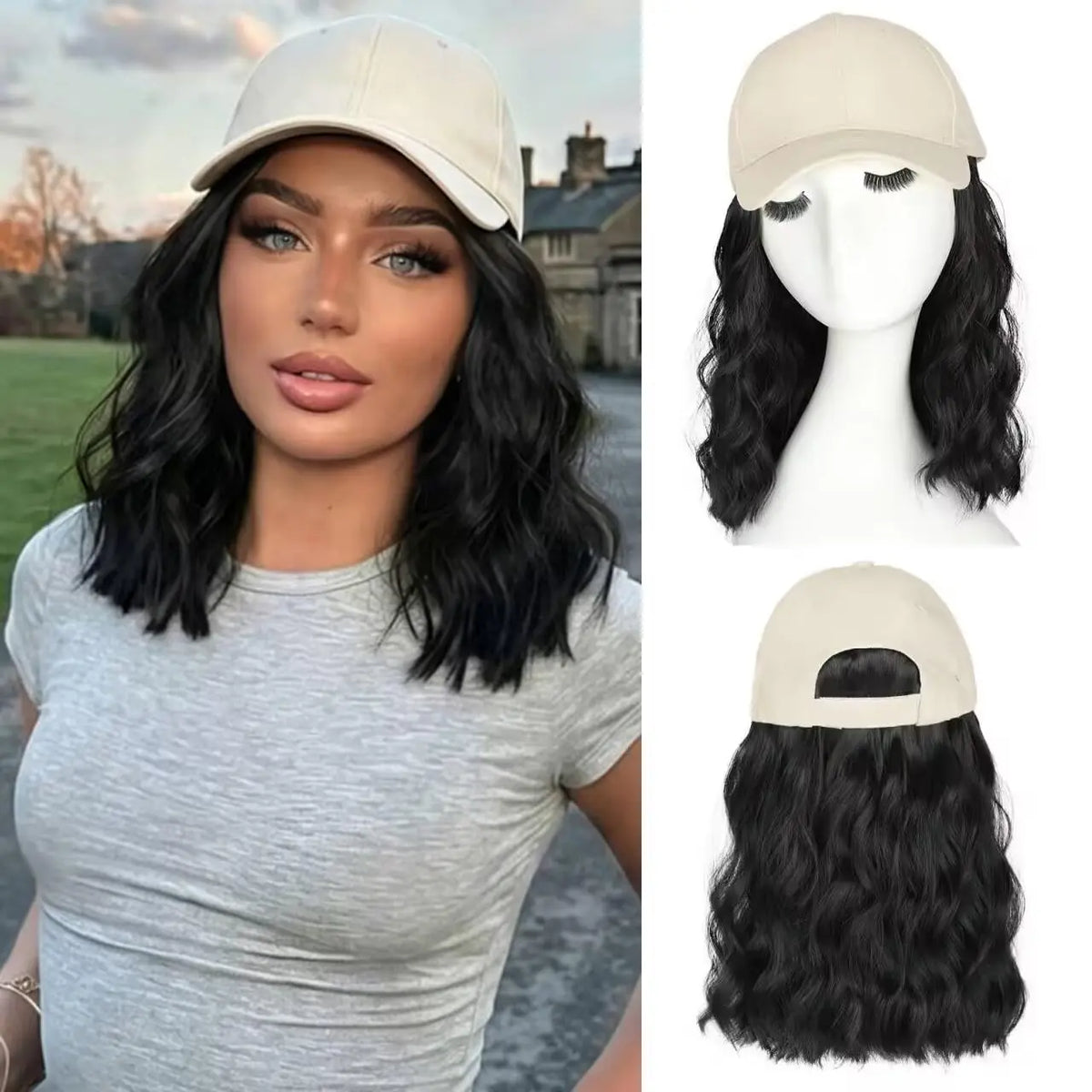Hat Wig for Women Wig Cap with Curly Hair Extensions Hat with Hair Wave Adjustable Baseball Cap Wigs Synthetic Hat Wig