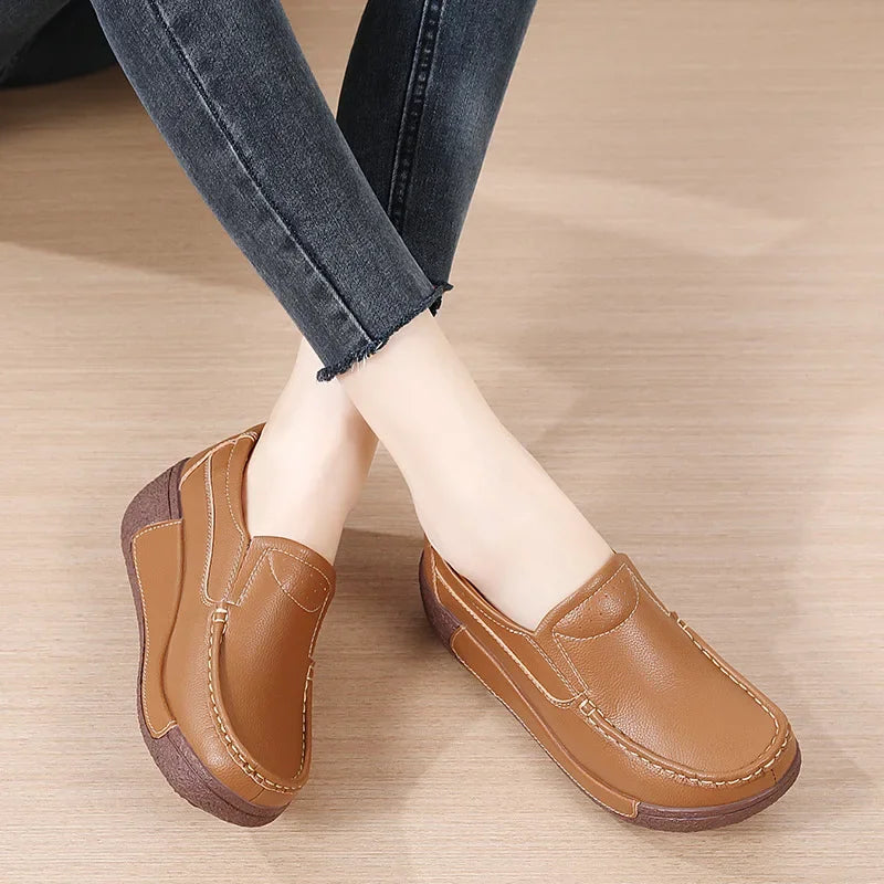 Spring and Summer Women Fashion Loafers Genuine Leather Moccasins Autumn Slip-on Casual Round Toe Wedge Platform Rocking Shoes