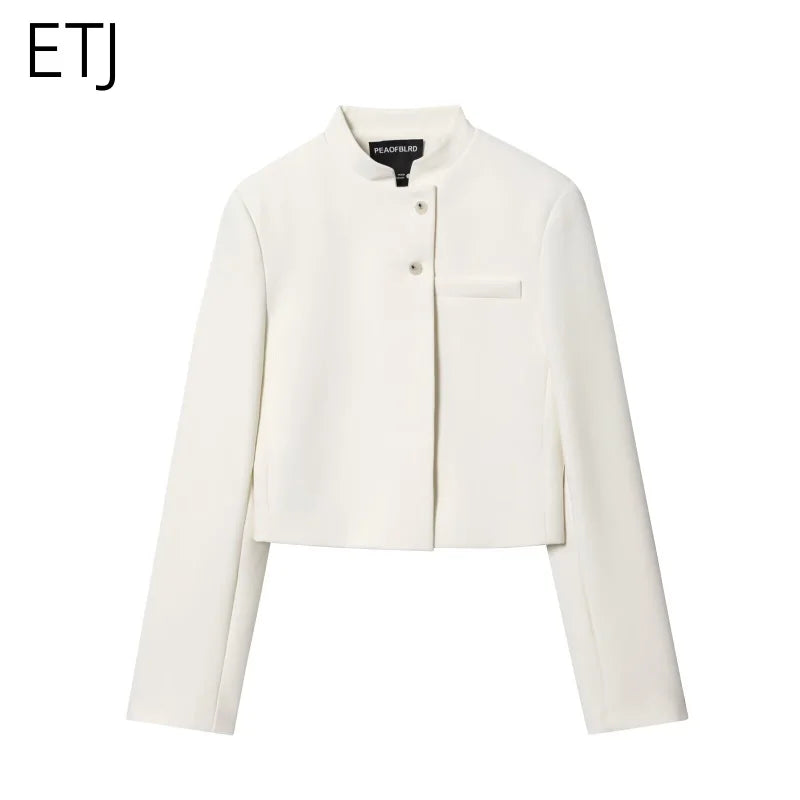 ETJ 2025 autumn winter new professional women's simple fashion white short commuting zhongshan collar suit jacket