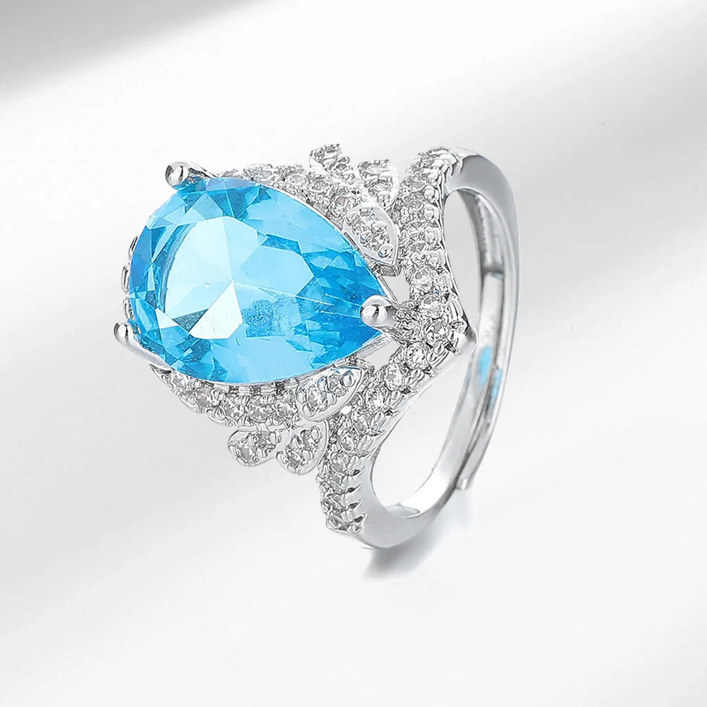Women's Luxury Blue Water Drop Jewelry Set 925 Silver Cubic Zirconia Necklace Earrings Ring Bridal Wedding Party Jewelry Set