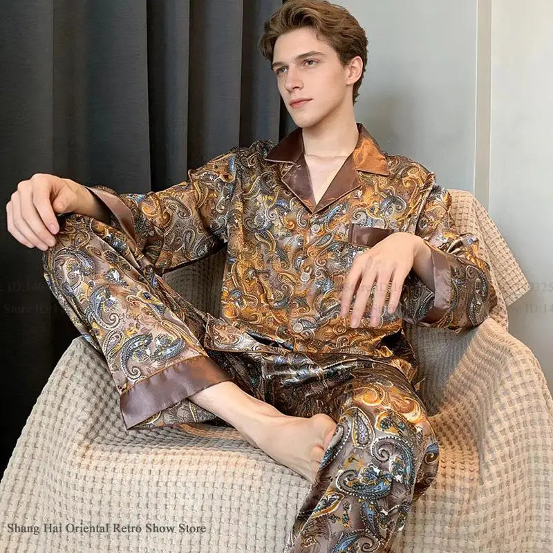 Plus Size Men's Pajamas 2PCS Sleepwear Set Fashion Print Silk Satin Trouser Pijamas Suit Spring New Male Home Clothes Loungewear
