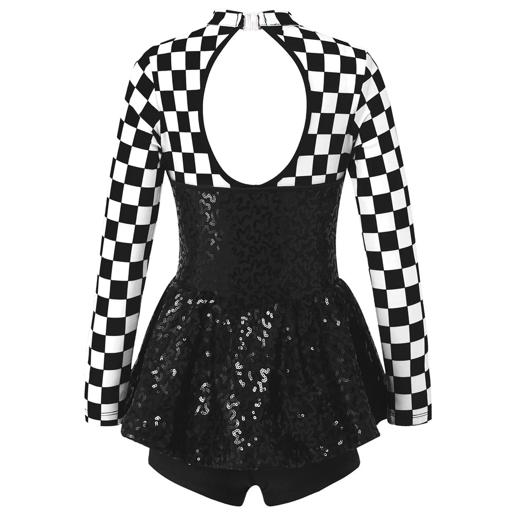 Kids Girls Race Car Driver Costume Child Racer Long Sleeve Sequins Tutu Dress Halloween Cosplay Party Carnival Fancy Dress Up