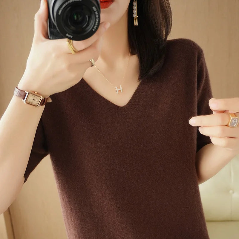 Women Sweater Casual Short Sleeve Pulls 2025 Spring Summer V-neck Knitwears Korean Fashion Shirts Tops Pullovers Soft Jumpers