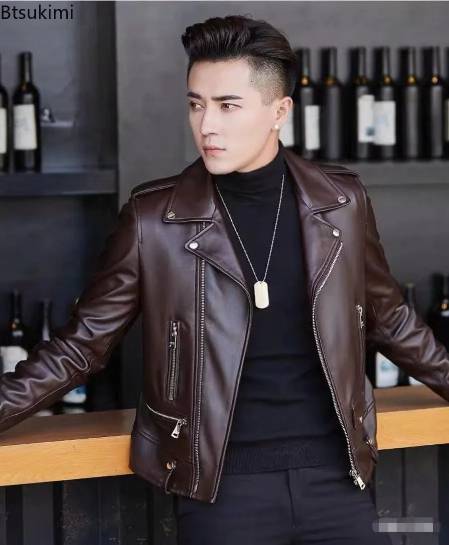 Men's PU Leather New Leather Jacket Sheep Suit Motorcycle Leather Coat Male Streetwear Regular Slim Handsome Large Size Jacket